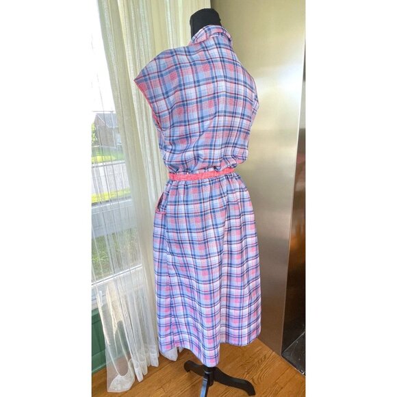 Vintage late 70s dress, pink blue plaid pattern, short sleeves, Ilan Fashions - Picture 4 of 10